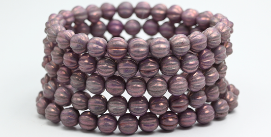 Melon Round Pressed Glass Beads With Stripes, White Purple (8-02010-15726), Glass, Czech Republic ~ STRANDED