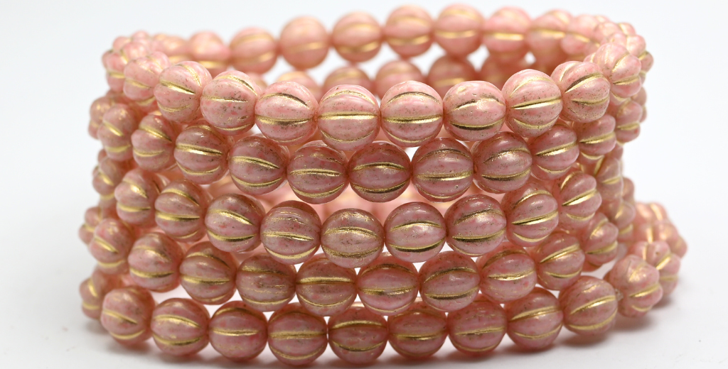 Melon Round Pressed Glass Beads With Stripes, White Light Pink Gold Lined (8-02010-34304-54202), Glass, Czech Republic ~ STRANDED
