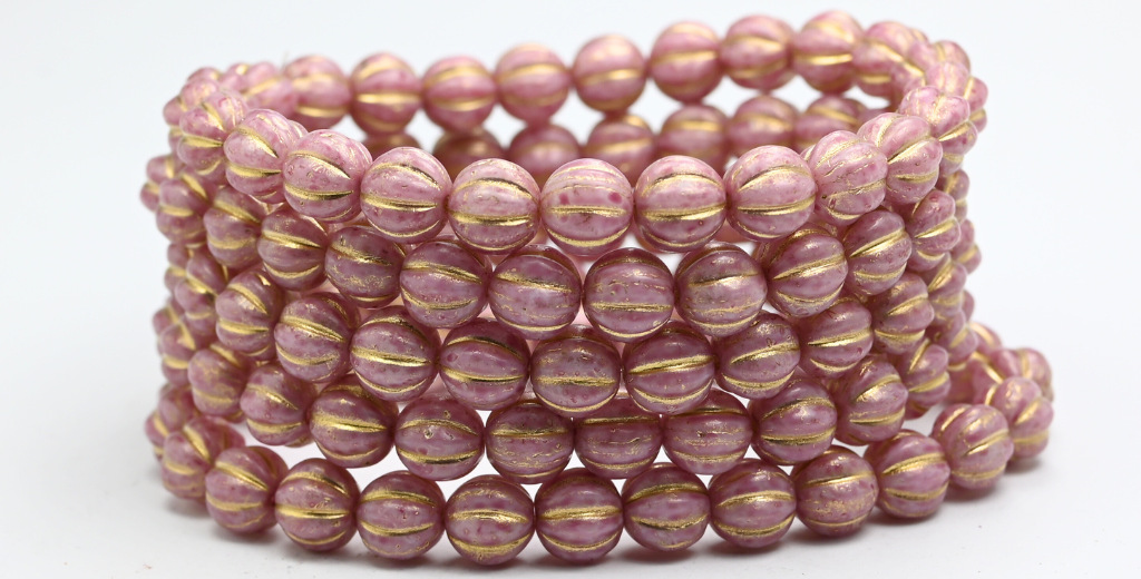 Melon Round Pressed Glass Beads With Stripes, White Light Fuchsia Pink Gold Lined (8-02010-34306-54202), Glass, Czech Republic ~ STRANDED