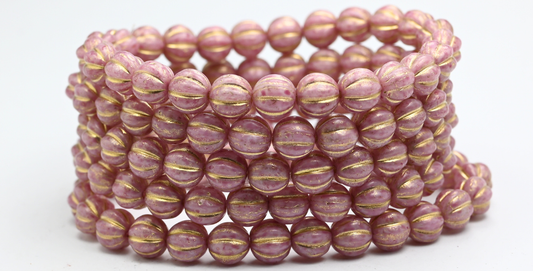 Melon Round Pressed Glass Beads With Stripes, White Light Fuchsia Pink Gold Lined (8-02010-34306-54202), Glass, Czech Republic ~ STRANDED