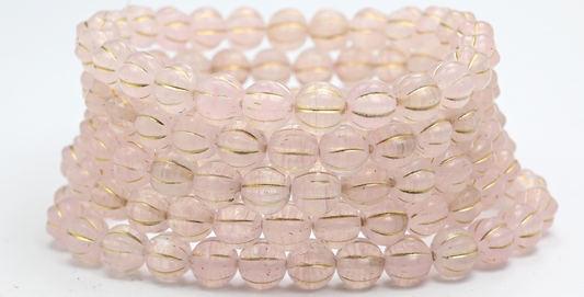 Melon Round Pressed Glass Beads With Stripes, 8701 Gold Lined (8-08701-54202), Glass, Czech Republic ~ STRANDED
