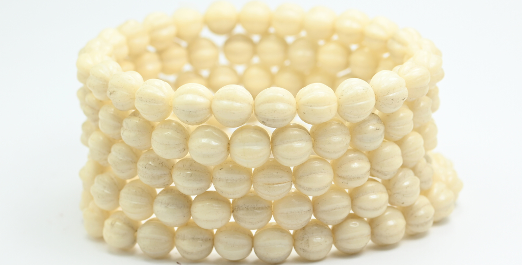 Melon Round Pressed Glass Beads With Stripes, White Luster Brown Full Coated (8-02010-14413), Glass, Czech Republic ~ STRANDED