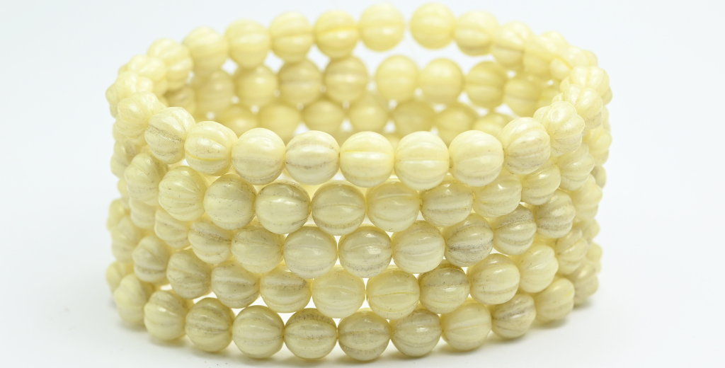 Melon Round Pressed Glass Beads With Stripes, White Luster Yellow Full Coated (8-02010-14483), Glass, Czech Republic ~ STRANDED