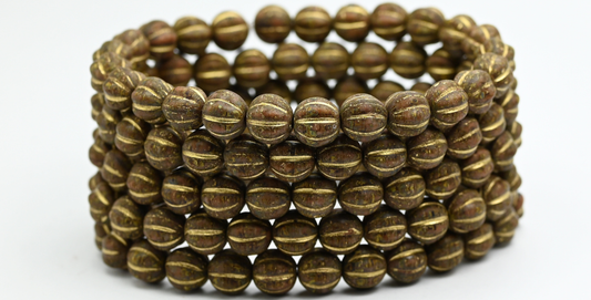 Melon Round Pressed Glass Beads With Stripes, Opaque Brown Travertin Gold Lined (8-13600-86-54202), Glass, Czech Republic ~ STRANDED
