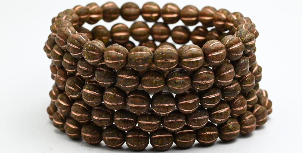 Melon Round Pressed Glass Beads With Stripes, Opaque Brown Travertin Copper Lined (8-13600-86800-54200), Glass, Czech Republic ~ STRANDED