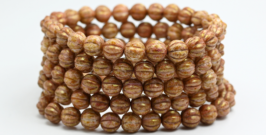 Melon Round Pressed Glass Beads With Stripes, White Senegal Red (8-02010-15675), Glass, Czech Republic ~ STRANDED