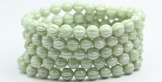 Melon Round Pressed Glass Beads With Stripes, White Luster Green Full Coated (8-02010-14457), Glass, Czech Republic ~ STRANDED