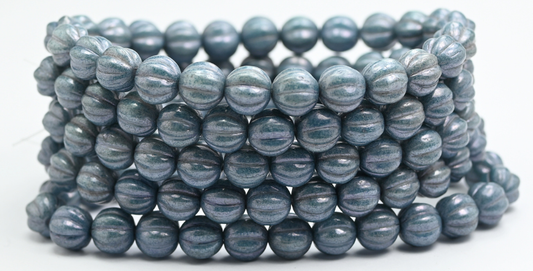 Melon Round Pressed Glass Beads With Stripes, White Luster Blue Full Coated (8-02010-14464), Glass, Czech Republic ~ STRANDED