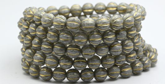 Melon Round Pressed Glass Beads With Stripes, White Light Gray Gold Lined (8-02010-34311-54202), Glass, Czech Republic ~ STRANDED