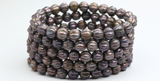 Melon Round Pressed Glass Beads With Stripes, White Senegal Blue (8-02010-15664), Glass, Czech Republic ~ STRANDED