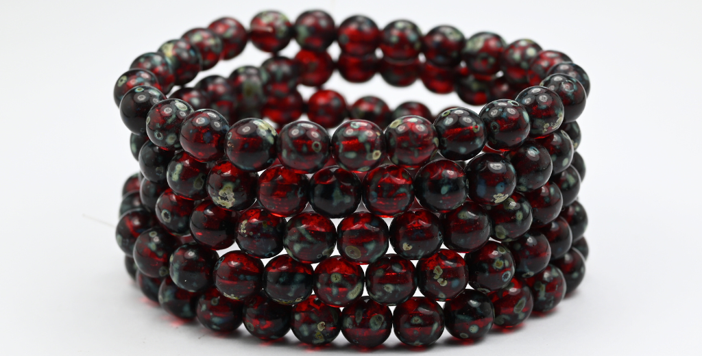 Round Pressed Glass Beads Druck, Ruby Red Picasso (90080-43400), Glass, Czech Republic ~ STRANDED