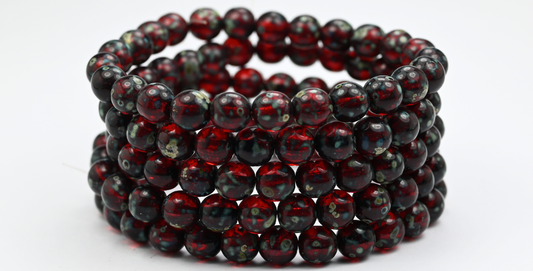 Round Pressed Glass Beads Druck, Ruby Red Picasso (90080-43400), Glass, Czech Republic ~ STRANDED