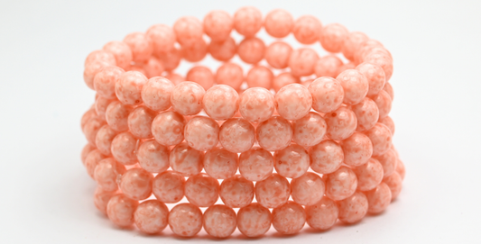 Round Pressed Glass Beads Druck, White Light Pink Peach (02010-34305), Glass, Czech Republic ~ STRANDED