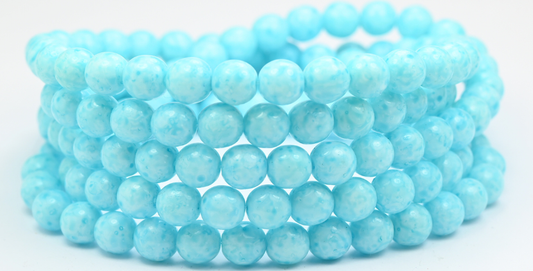 Round Pressed Glass Beads Druck, White Light Aqua Blue (02010-34308), Glass, Czech Republic ~ STRANDED