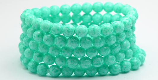 Round Pressed Glass Beads Druck, White Light Turquoise (02010-34309), Glass, Czech Republic ~ STRANDED