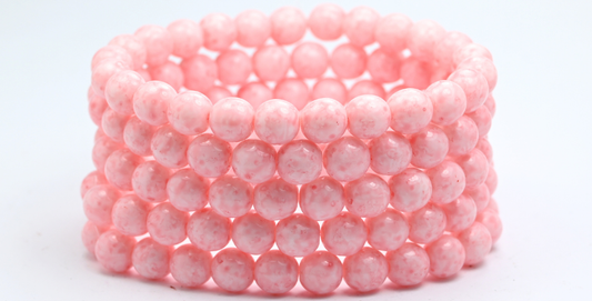Round Pressed Glass Beads Druck, White Light Pink (02010-34304), Glass, Czech Republic ~ STRANDED