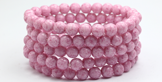 Round Pressed Glass Beads Druck, White Light Fuchsia Pink (02010-34306), Glass, Czech Republic ~ STRANDED