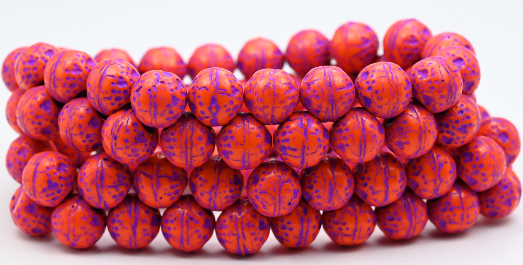 Round Orange Friut Pressed Glass Beads, Opaque Orange Purple Lined (93130-46420), Glass, Czech Republic ~ STRANDED