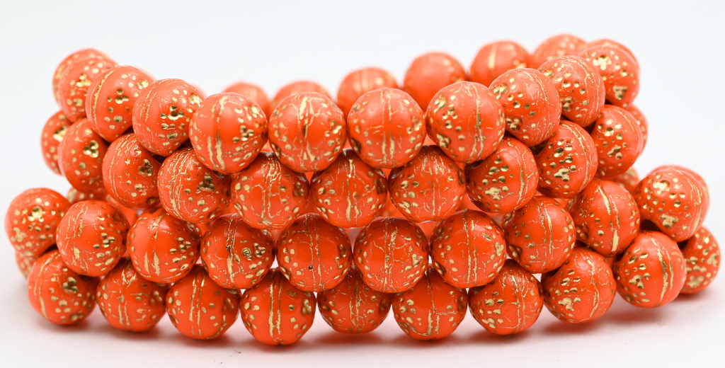 Round Orange Friut Pressed Glass Beads, Opaque Orange Gold Lined (93130-54202), Glass, Czech Republic ~ STRANDED