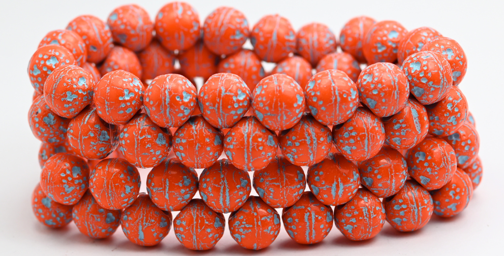 Round Orange Friut Pressed Glass Beads, Opaque Orange Light Blue Lined (93130-54308), Glass, Czech Republic ~ STRANDED