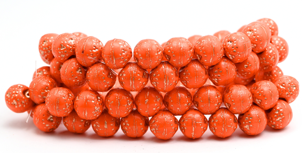 Round Orange Friut Pressed Glass Beads, Opaque Orange Copper Lined (93130-54200), Glass, Czech Republic ~ STRANDED