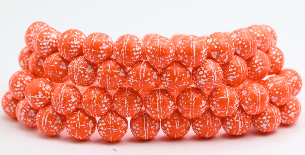 Round Orange Friut Pressed Glass Beads, Opaque Orange White Lined (93130-46401), Glass, Czech Republic ~ STRANDED