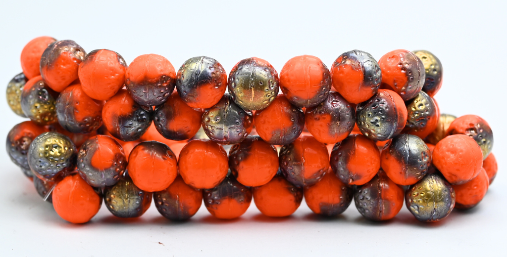 Round Orange Friut Pressed Glass Beads, Opaque Orange Rose Gold Capri (93130-27101), Glass, Czech Republic ~ STRANDED