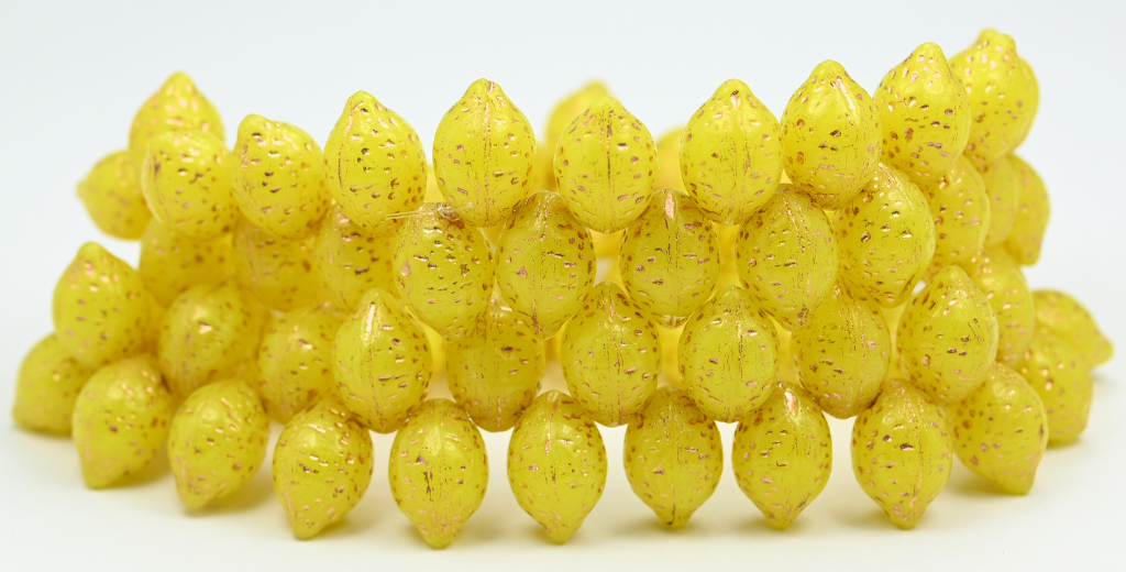 Lemon Friut Pressed Glass Beads, Opal Yellow Copper Lined (81210-54200), Glass, Czech Republic ~ STRANDED