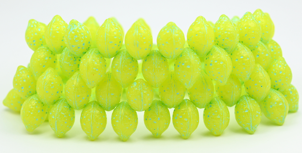 Lemon Friut Pressed Glass Beads, Opal Yellow Light Blue Lined (81210-54308), Glass, Czech Republic ~ STRANDED