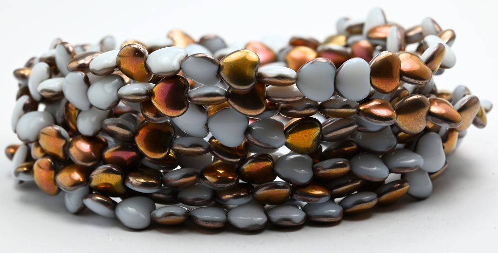 Heart Pressed Glass Beads, White Rose Gold Capri (02010-27101), Glass, Czech Republic ~ STRANDED