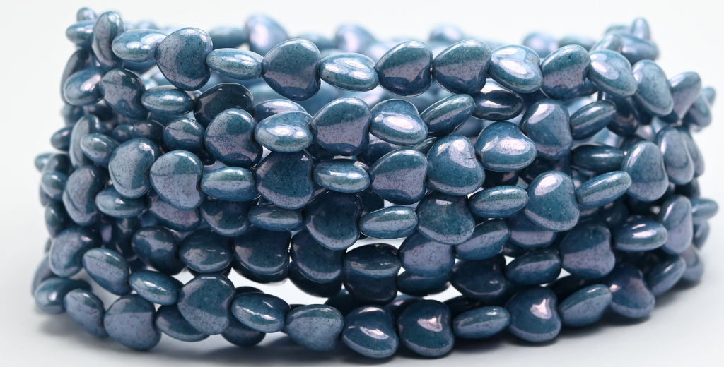 Heart Pressed Glass Beads, White Luster Blue Full Coated (02010-14464), Glass, Czech Republic ~ STRANDED