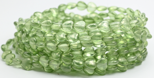 Heart Pressed Glass Beads, Crystal Luster Green Full Coated (00030-14457), Glass, Czech Republic ~ STRANDED