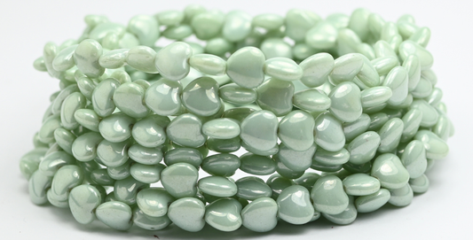 Heart Pressed Glass Beads, White Luster Green Full Coated (02010-14457), Glass, Czech Republic ~ STRANDED
