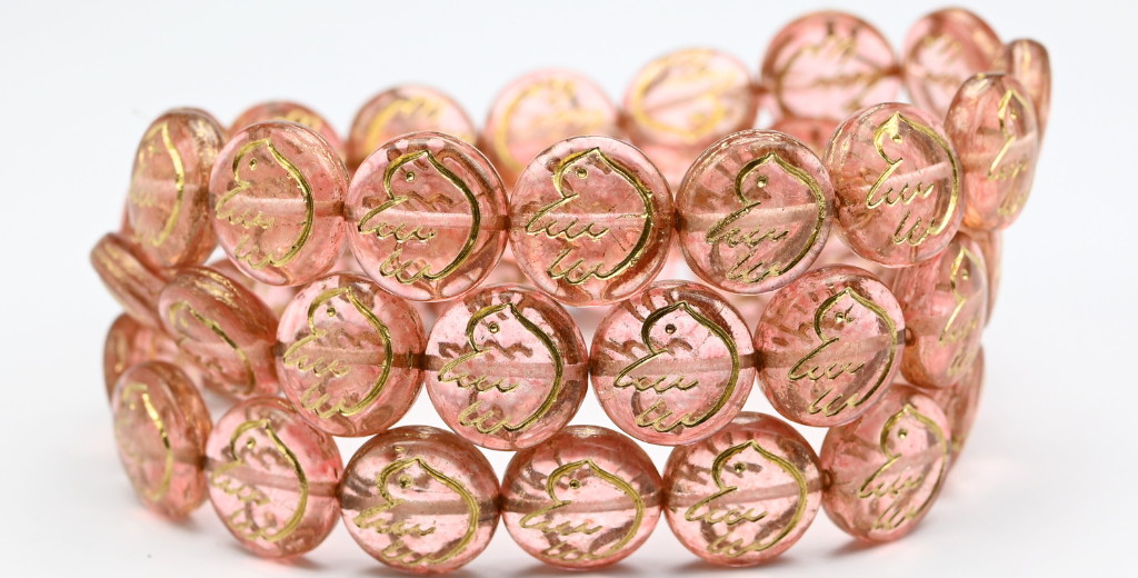 Round Flat Beads With Bird, Crystal Light Pink Gold Lined (14-00030-34304-54202), Glass, Czech Republic ~ STRANDED