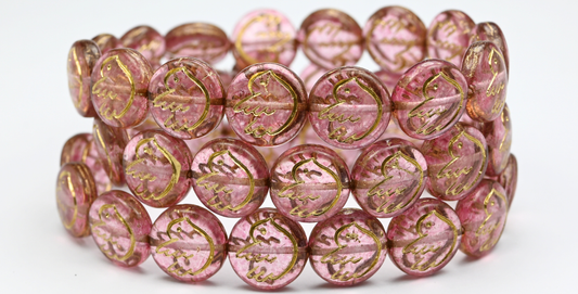 Round Flat Beads With Bird, Crystal Light Fuchsia Pink Gold Lined (14-00030-34306-54202), Glass, Czech Republic ~ STRANDED
