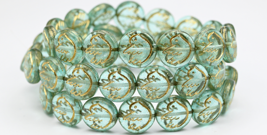 Round Flat Beads With Bird, Crystal Light Aqua Blue Gold Lined (14-00030-34308-54202), Glass, Czech Republic ~ STRANDED