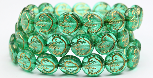 Round Flat Beads With Bird, Crystal Light Turquoise Gold Lined (14-00030-34309-54202), Glass, Czech Republic ~ STRANDED