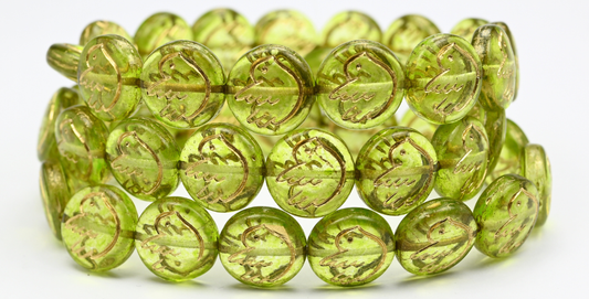 Round Flat Beads With Bird, Crystal Light Green Gold Lined (14-00030-34310-54202), Glass, Czech Republic ~ STRANDED