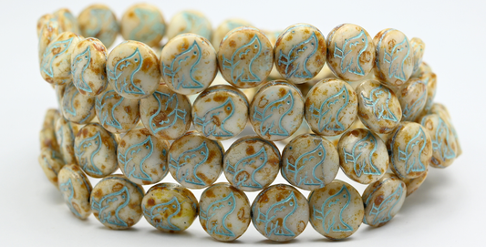 Round Coin With Walking Bird Beads, White Travertin Light Blue Lined (11-02010-86-54308), Glass, Czech Republic ~ STRANDED