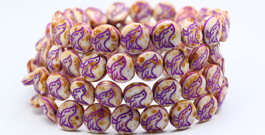 Round Coin With Walking Bird Beads, White Travertin Purple Lined (11-02010-86-46420), Glass, Czech Republic ~ STRANDED