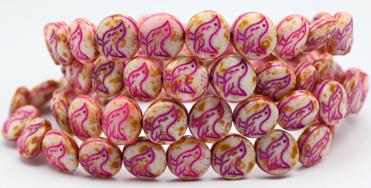 Round Coin With Walking Bird Beads, White Travertin Pink Lined (11-02010-86-46470), Glass, Czech Republic ~ STRANDED