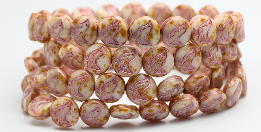 Round Coin With Walking Bird Beads, White Travertin Pink Lined (11-02010-86-54321), Glass, Czech Republic ~ STRANDED