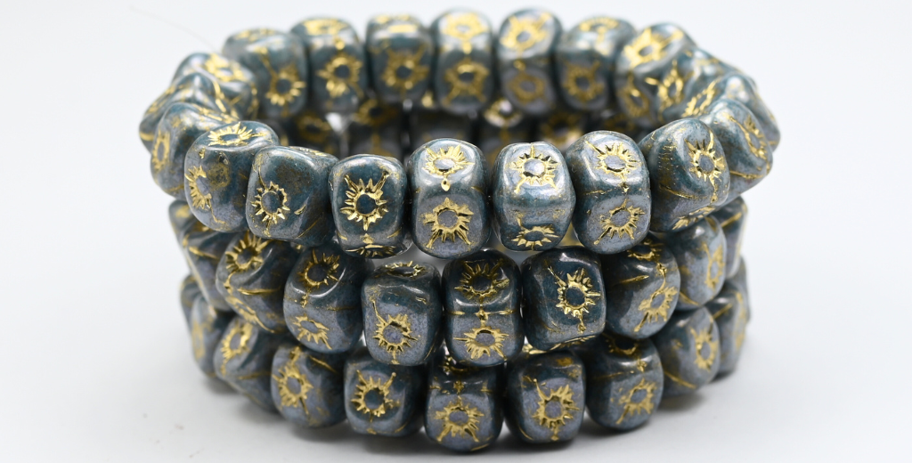 Flower In Cube Beads, White Luster Blue Full Coated Gold Lined (98-02010-14464-54202), Glass, Czech Republic ~ STRANDED