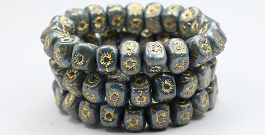 Flower In Cube Beads, White Luster Blue Full Coated Gold Lined (98-02010-14464-54202), Glass, Czech Republic ~ STRANDED