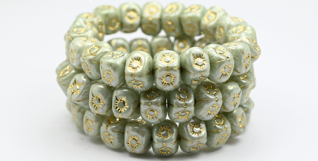 Flower In Cube Beads, White Luster Green Full Coated Gold Lined (98-02010-14457-54202), Glass, Czech Republic ~ STRANDED