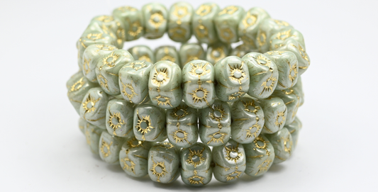 Flower In Cube Beads, White Luster Green Full Coated Gold Lined (98-02010-14457-54202), Glass, Czech Republic ~ STRANDED
