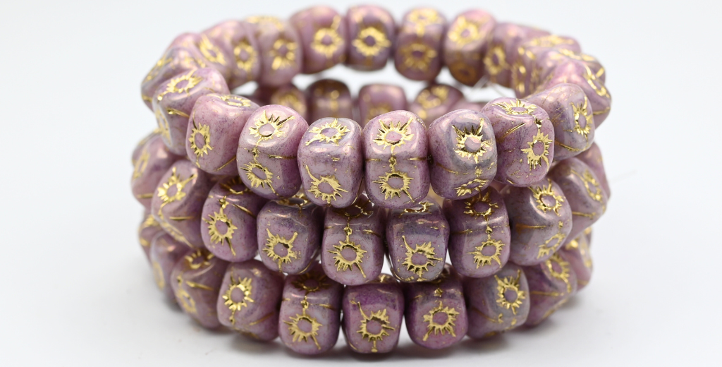 Flower In Cube Beads, White Luster Lila Gold Lined (98-02010-14494-54202), Glass, Czech Republic ~ STRANDED