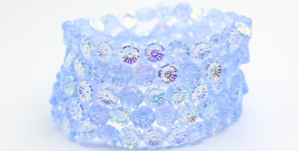 Hawaii Flower Pressed Glass Beads, Transparent Blue Ab (30010B-AB), Glass, Czech Republic ~ STRANDED