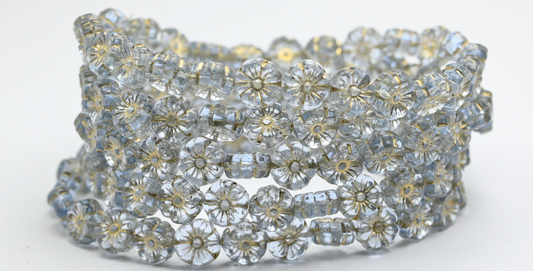 Hawaii Flower Pressed Glass Beads, Transparent Blue Gold Lined (30010-54202), Glass, Czech Republic ~ STRANDED
