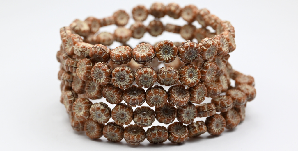 Hawaii Flower Pressed Glass Beads, Mix Brown Crystal Beige Lined (16617-54311), Glass, Czech Republic ~ STRANDED